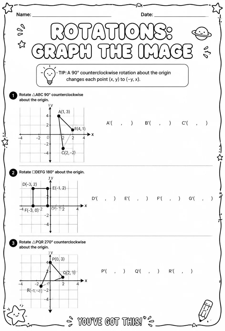 Rotations: graph the image — free printable Grade 8 math worksheet