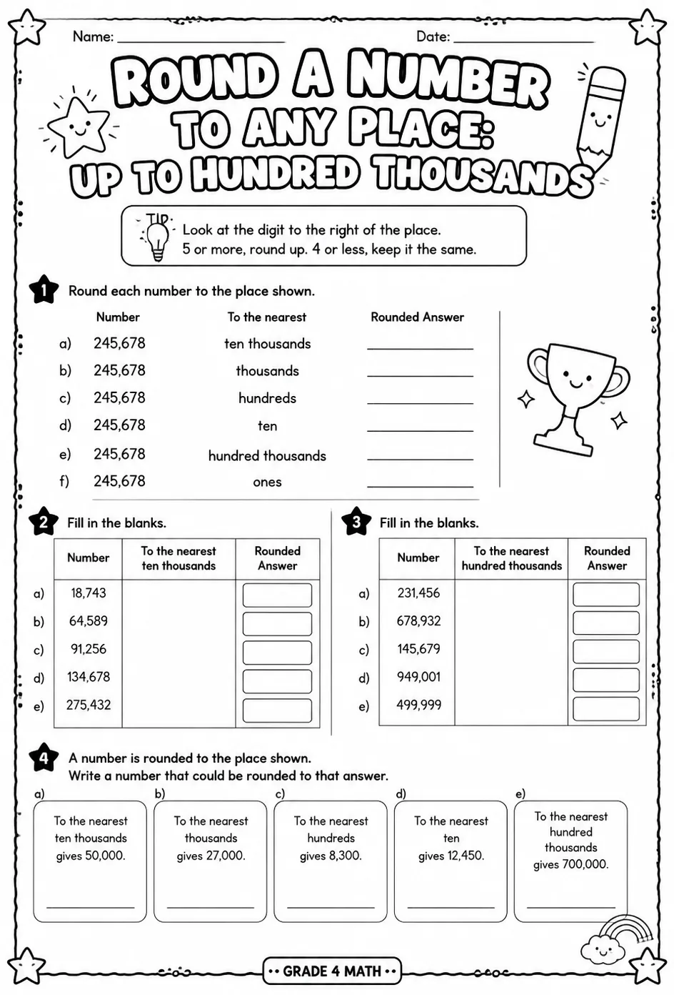 Round a number to any place: up to hundred thousands — free printable Grade 4 math worksheet