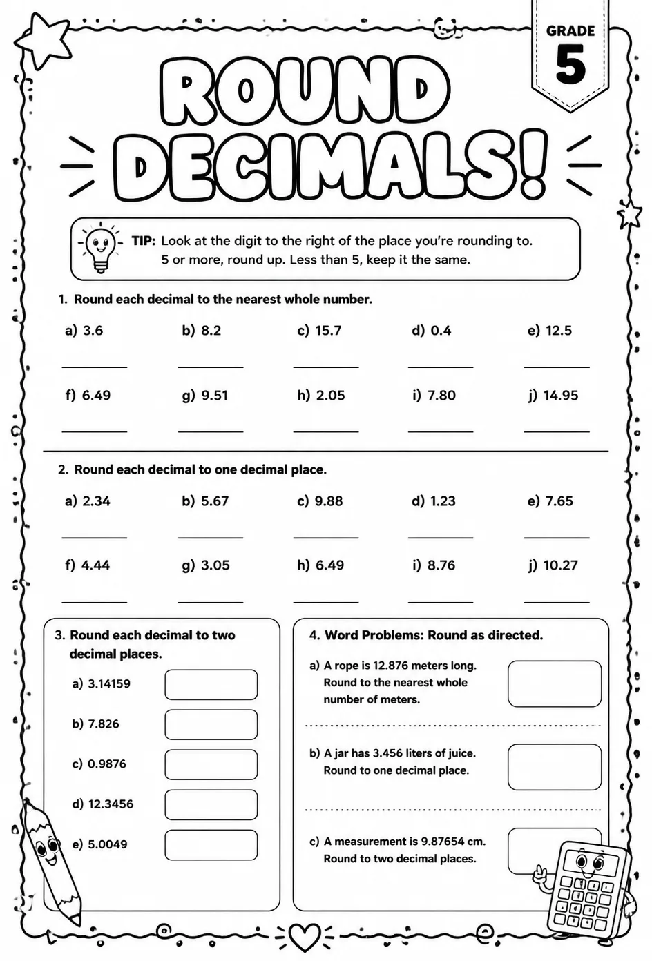 Round decimals — free printable Grade 5 math worksheet