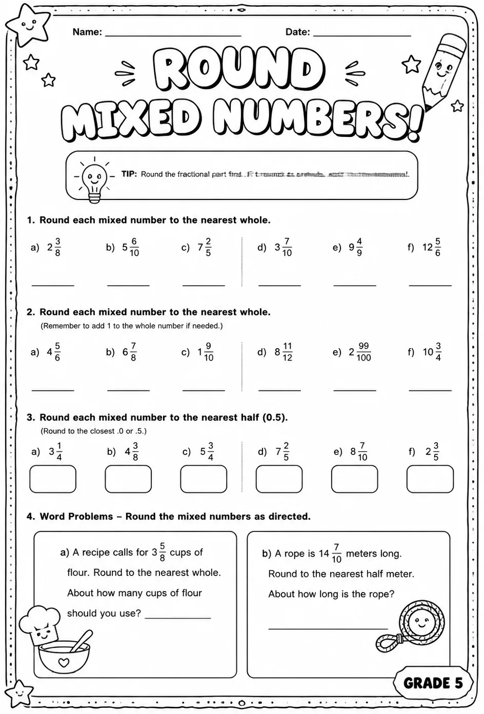 Round mixed numbers — free printable Grade 5 math worksheet