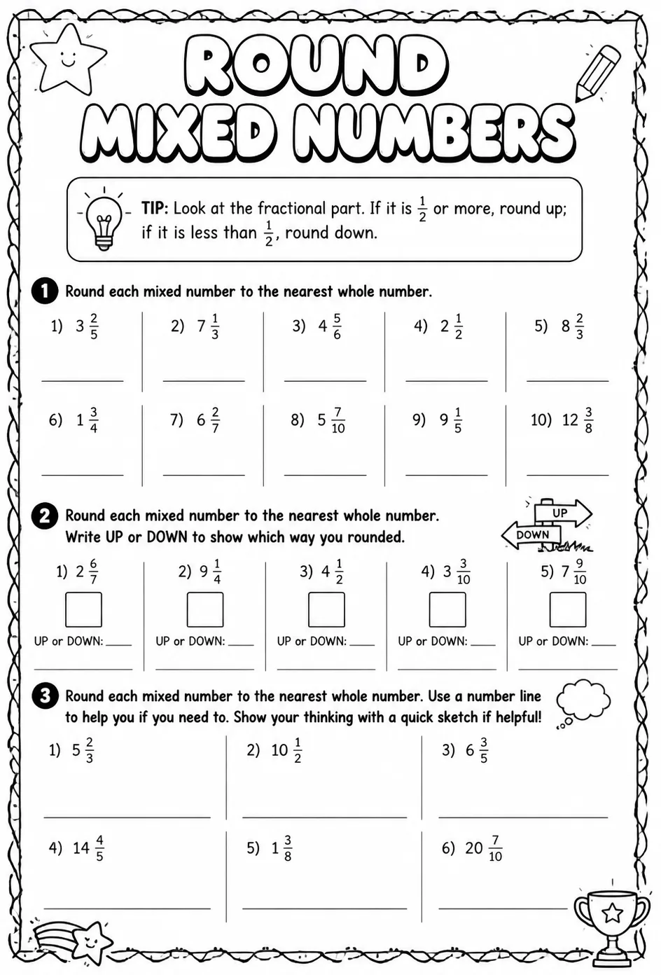 Round mixed numbers — free printable Grade 7 math worksheet