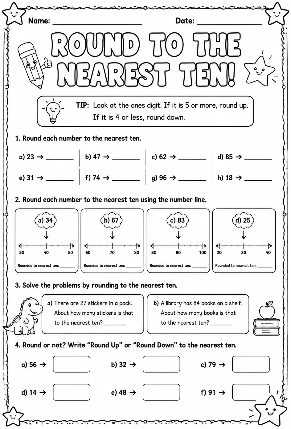 Round to the nearest ten — free printable Grade 2 math worksheet