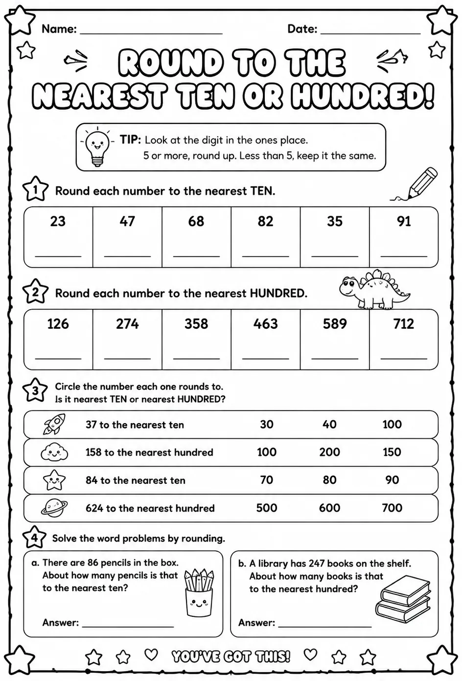 Round to the nearest ten or hundred — free printable Grade 2 math worksheet