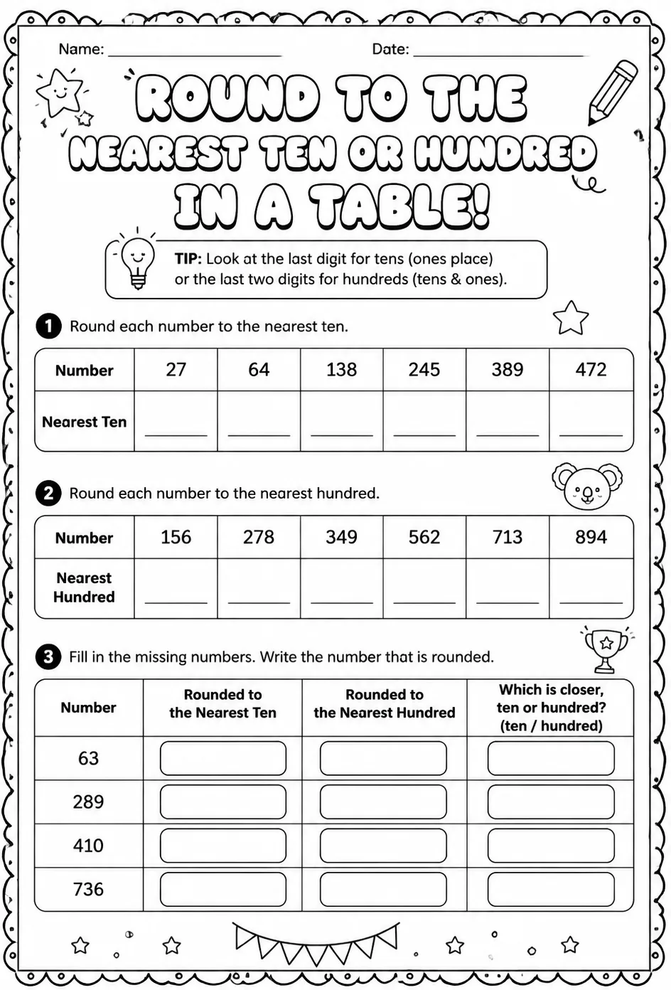 Round to the nearest ten or hundred in a table — free printable Grade 3 math worksheet