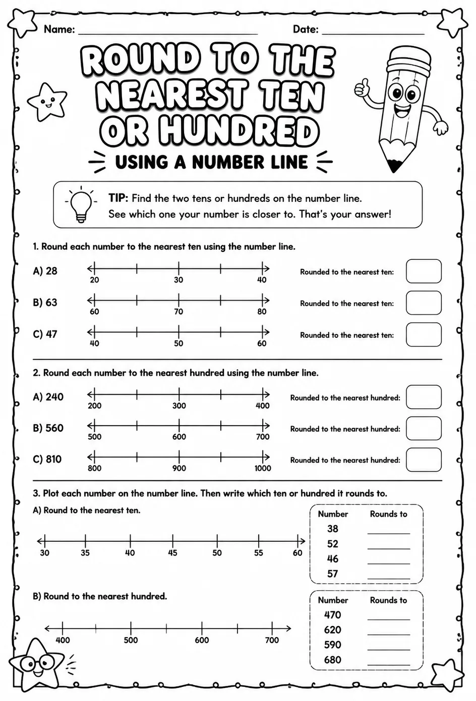 Round to the nearest ten or hundred using a number line — free printable Grade 3 math worksheet