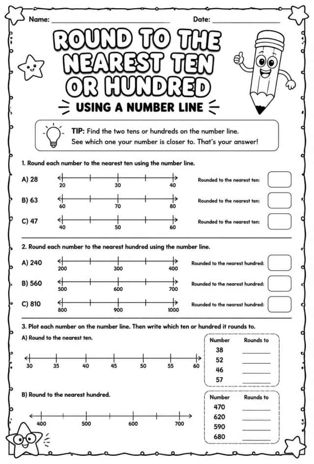 Round to the nearest ten or hundred using a number line