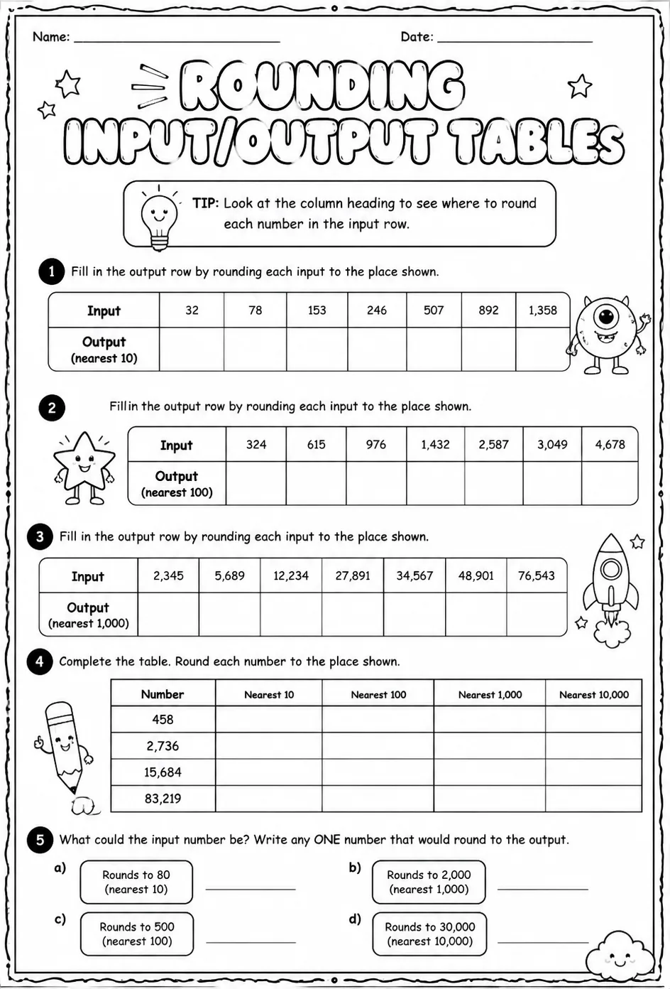 Rounding input/output tables — free printable Grade 4 math worksheet
