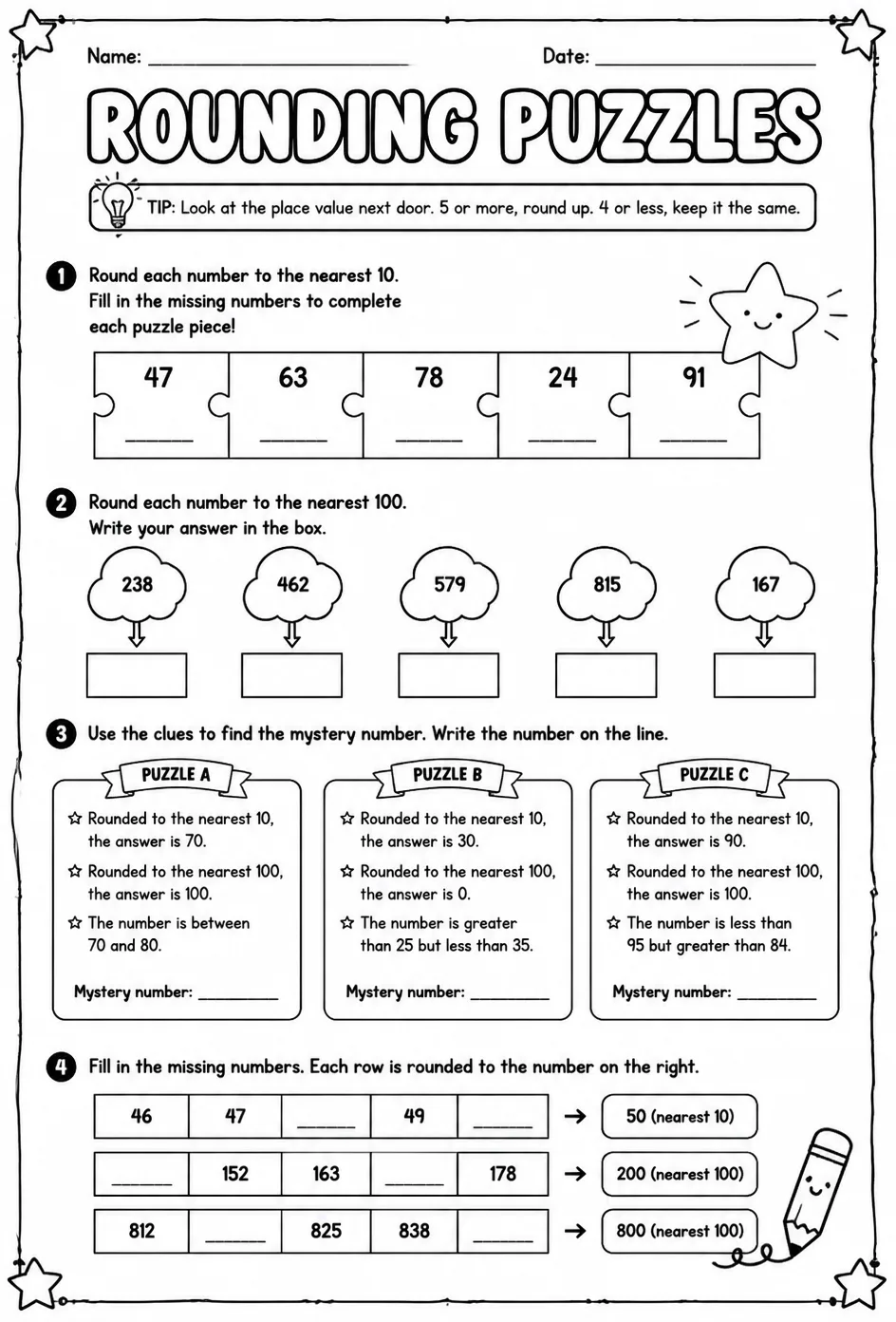 Rounding puzzles — free printable Grade 3 math worksheet