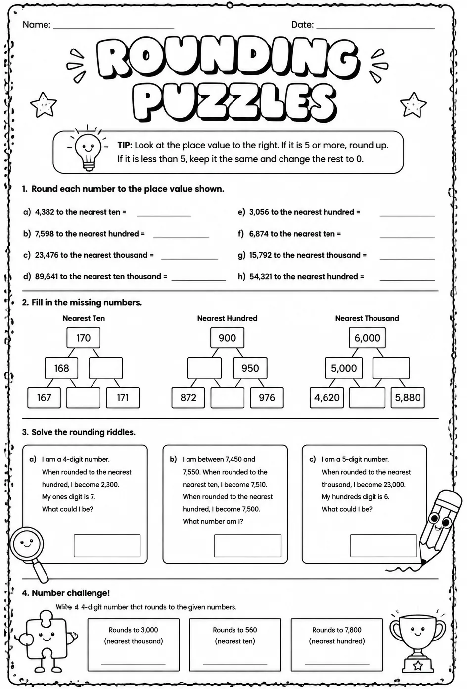 Rounding puzzles — free printable Grade 4 math worksheet