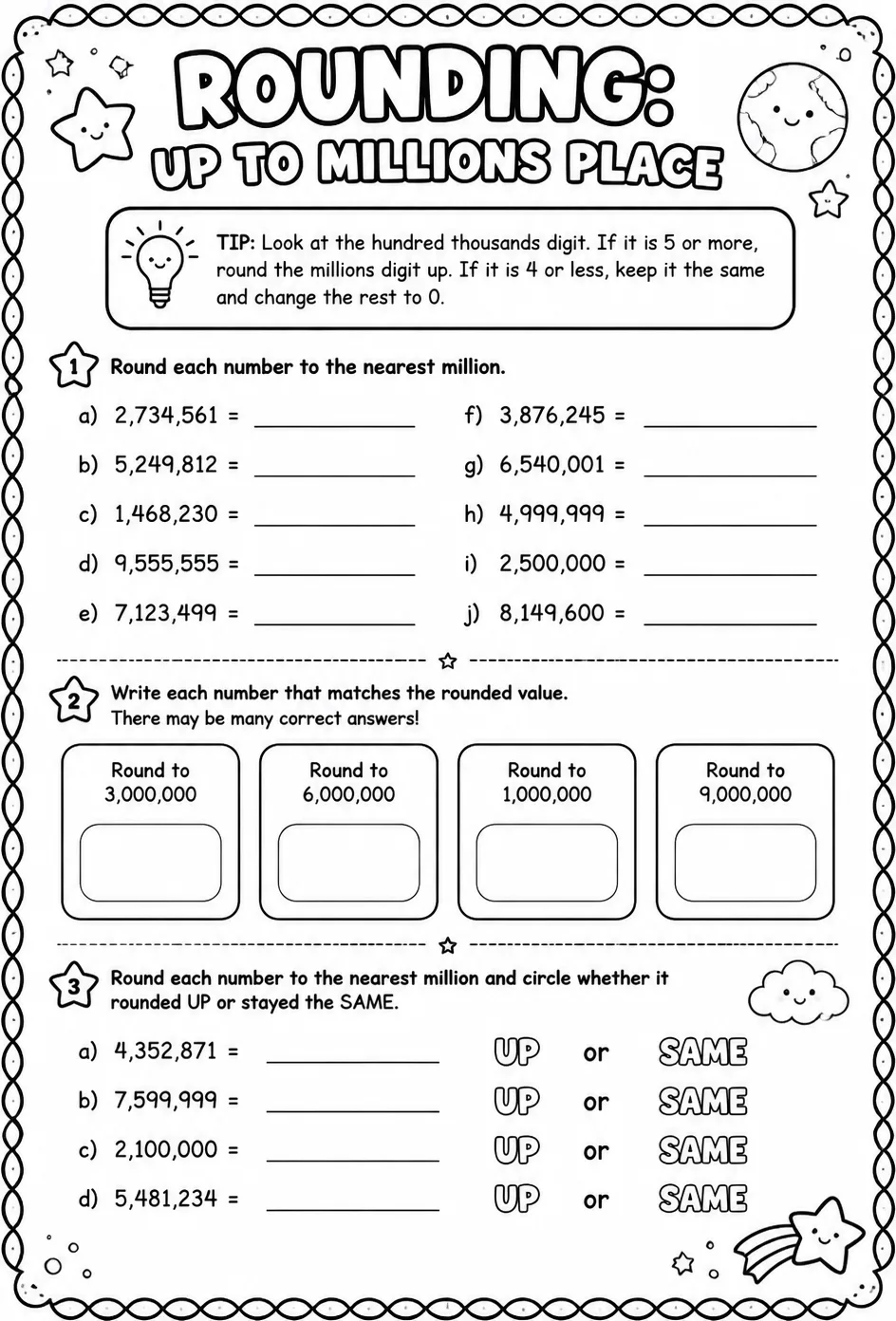 Rounding: up to millions place — free printable Grade 4 math worksheet