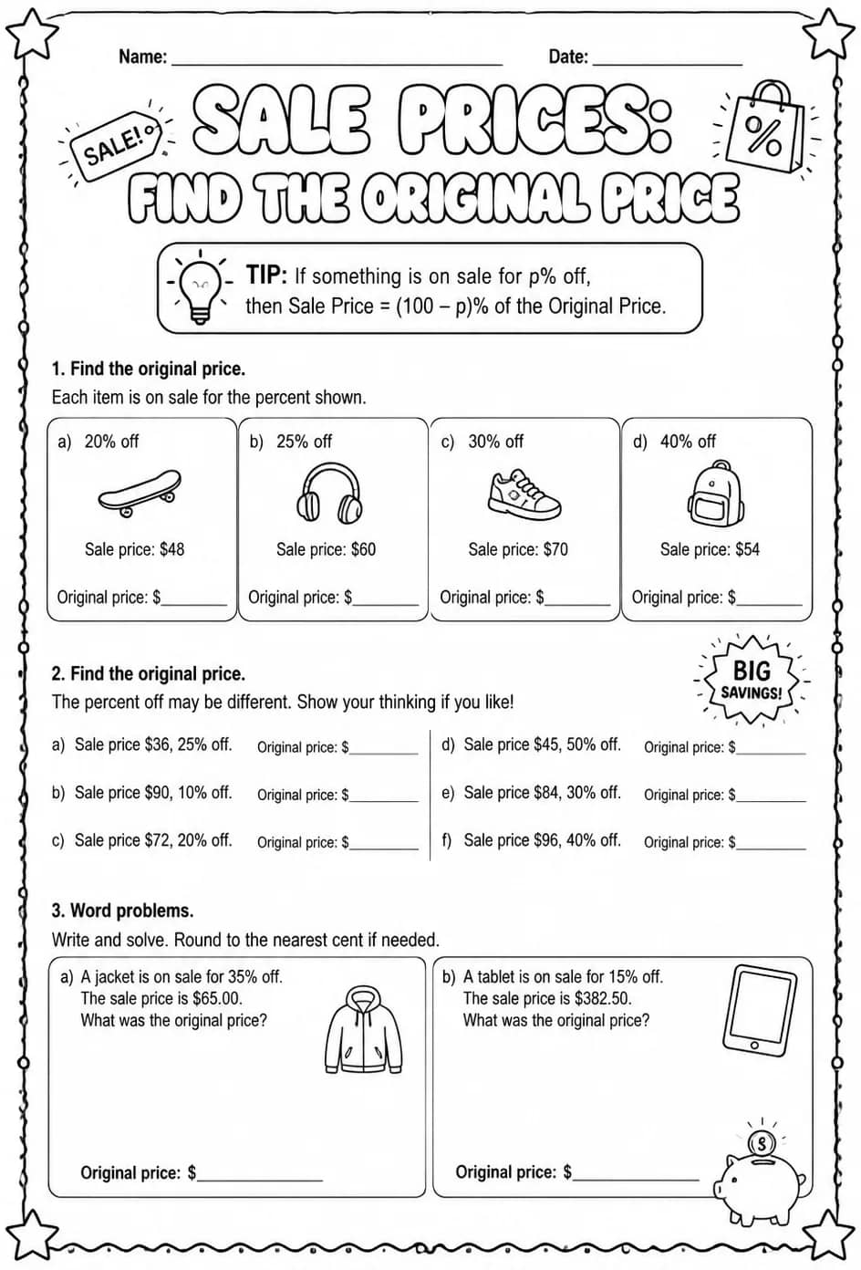 Sale prices: find the original price — free printable Grade 6 math worksheet