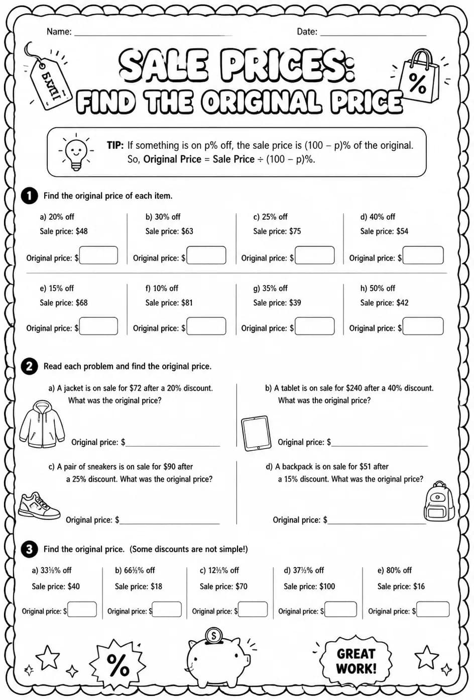 Sale prices: find the original price — free printable Grade 7 math worksheet