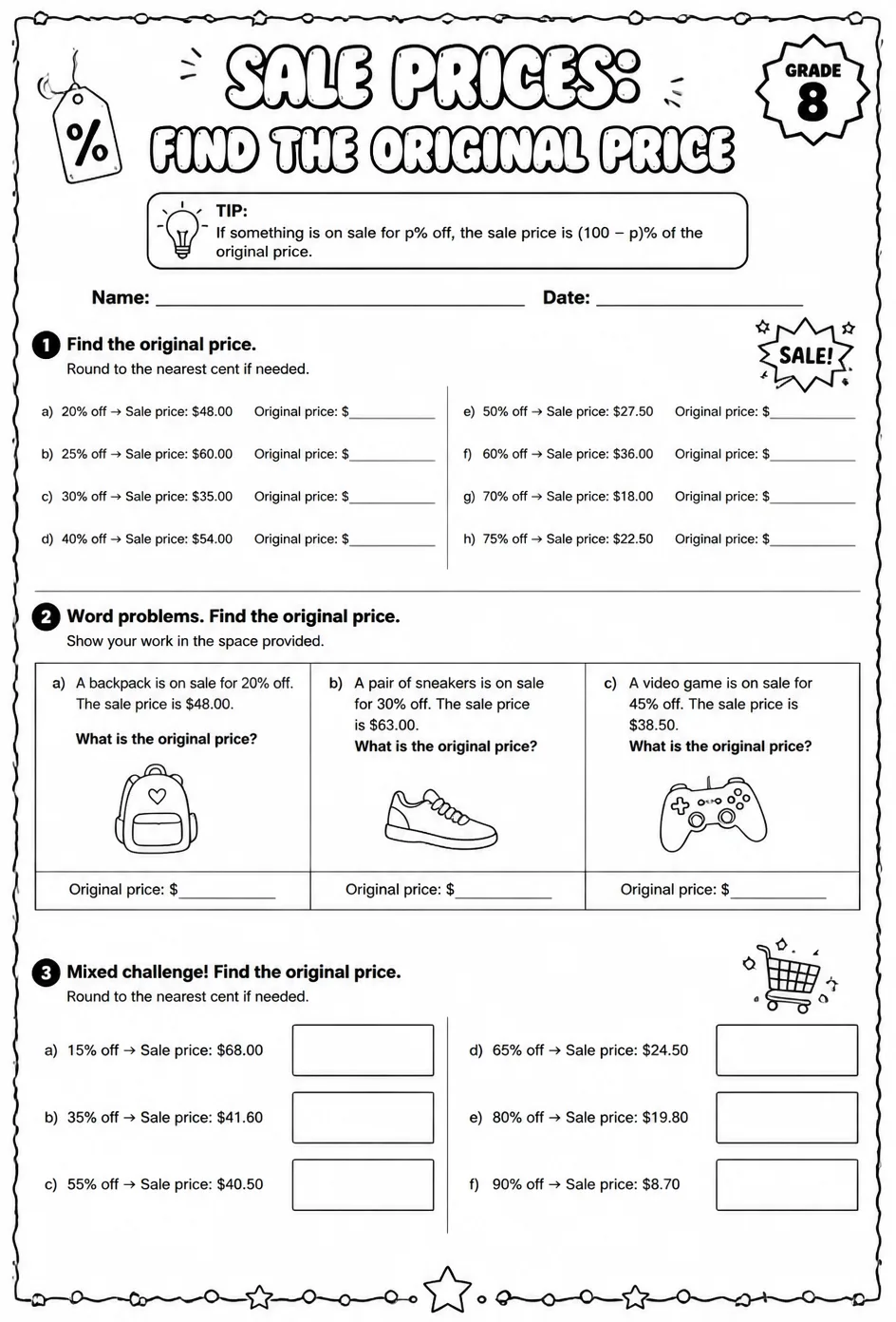 Sale prices: find the original price — free printable Grade 8 math worksheet