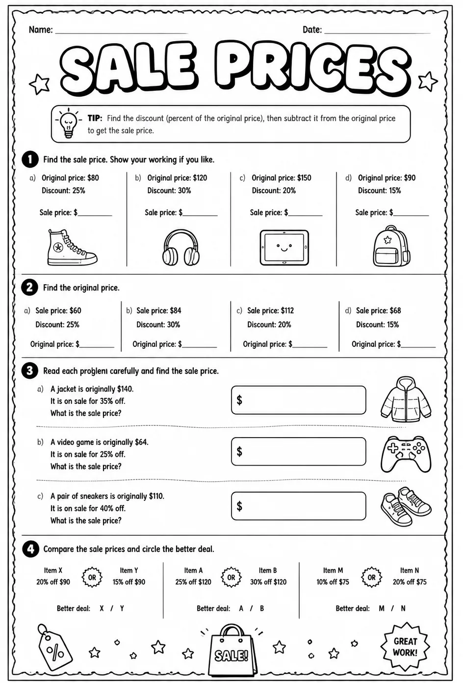 Sale prices — free printable Grade 6 math worksheet