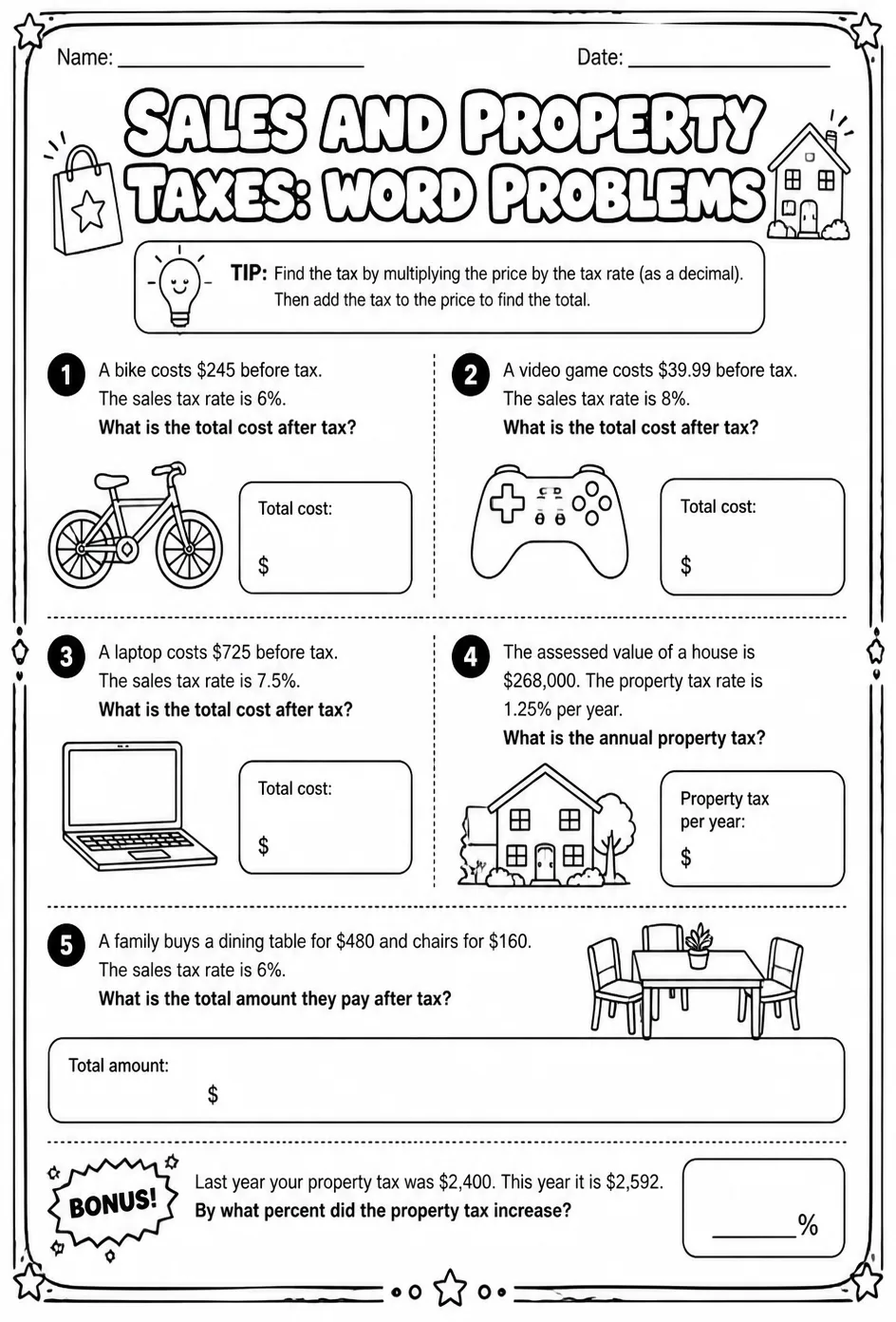 Sales and property taxes: word problems — free printable Grade 5 math worksheet