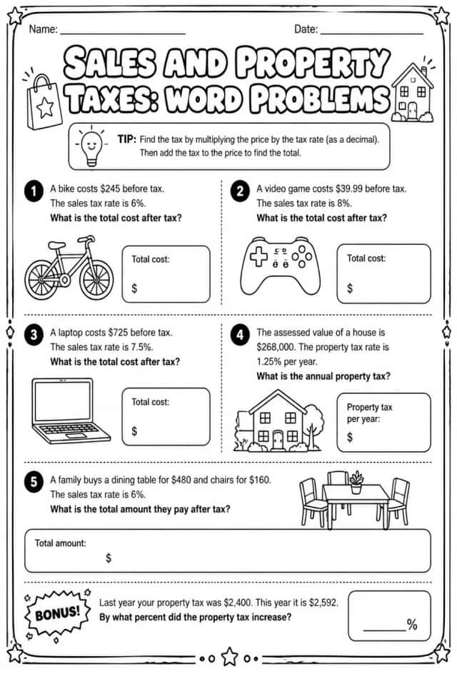 Sales and property taxes: word problems