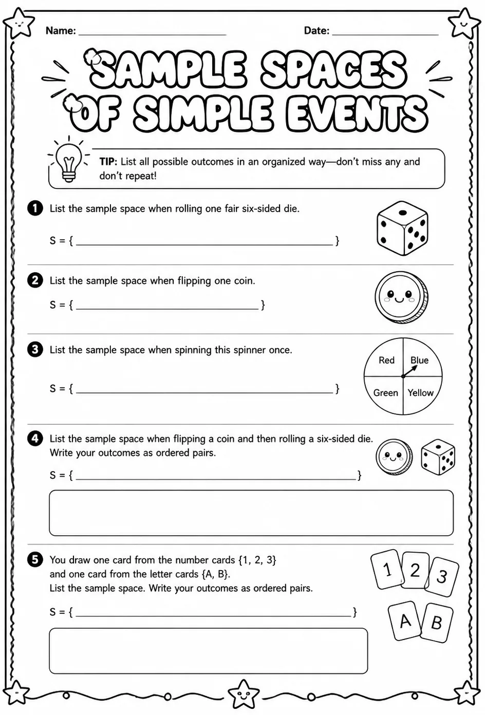 Sample spaces of simple events — free printable Grade 7 math worksheet