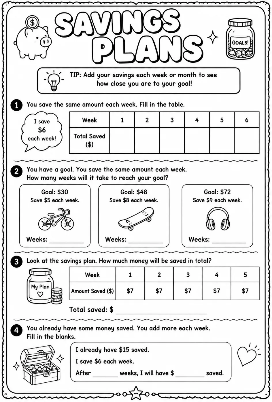 Savings plans — free printable Grade 3 math worksheet