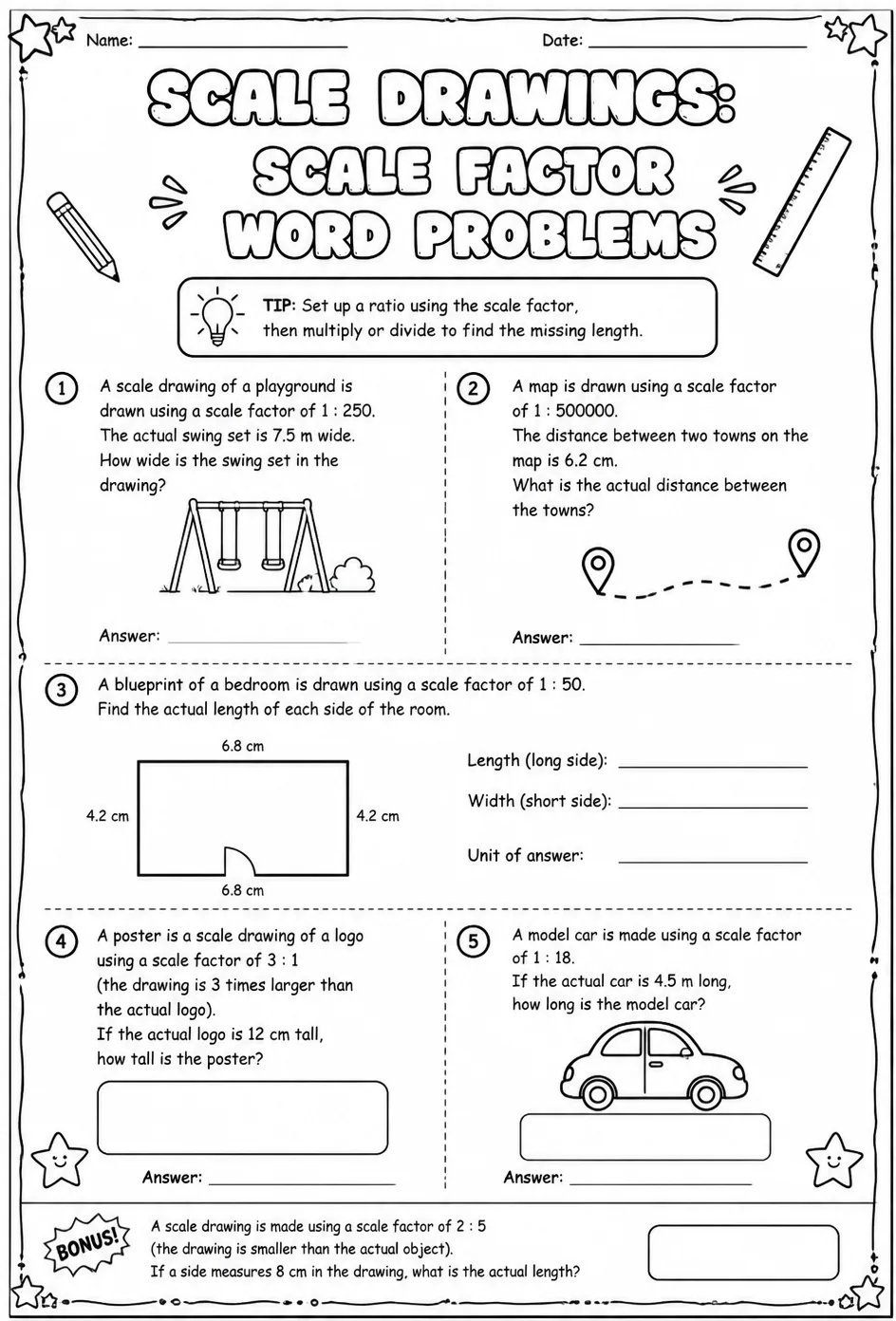 Scale drawings: scale factor word problems