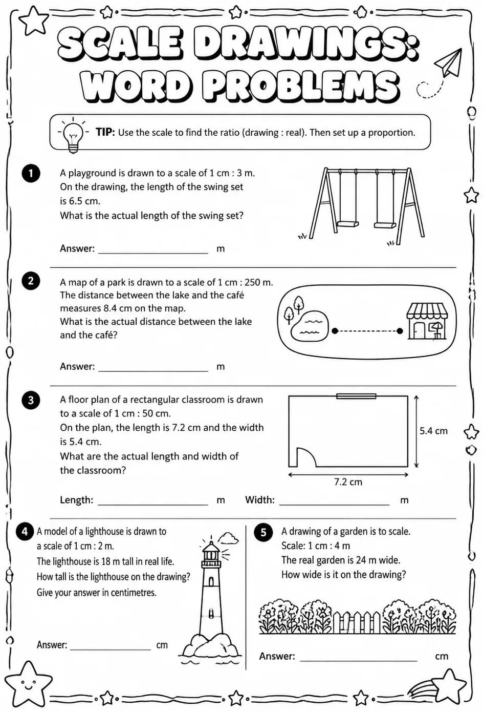 Scale drawings: word problems — free printable Grade 6 math worksheet