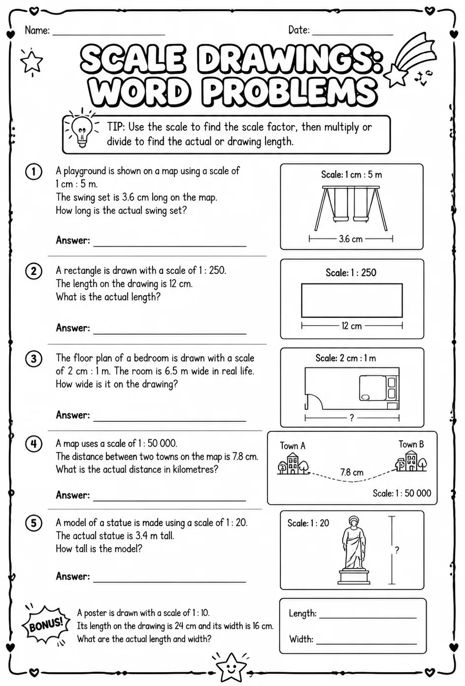 Scale drawings: word problems — free printable Grade 8 math worksheet