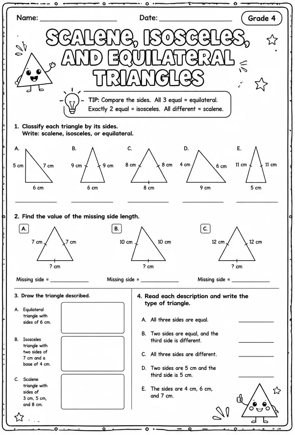 Scalene, isosceles, and equilateral triangles — free printable Grade 4 math worksheet
