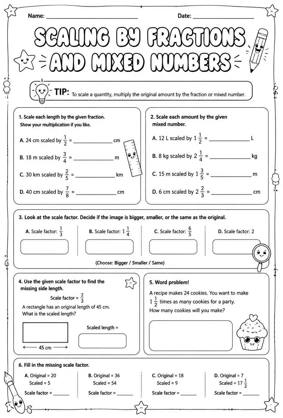 Scaling by fractions and mixed numbers — free printable Grade 5 math worksheet
