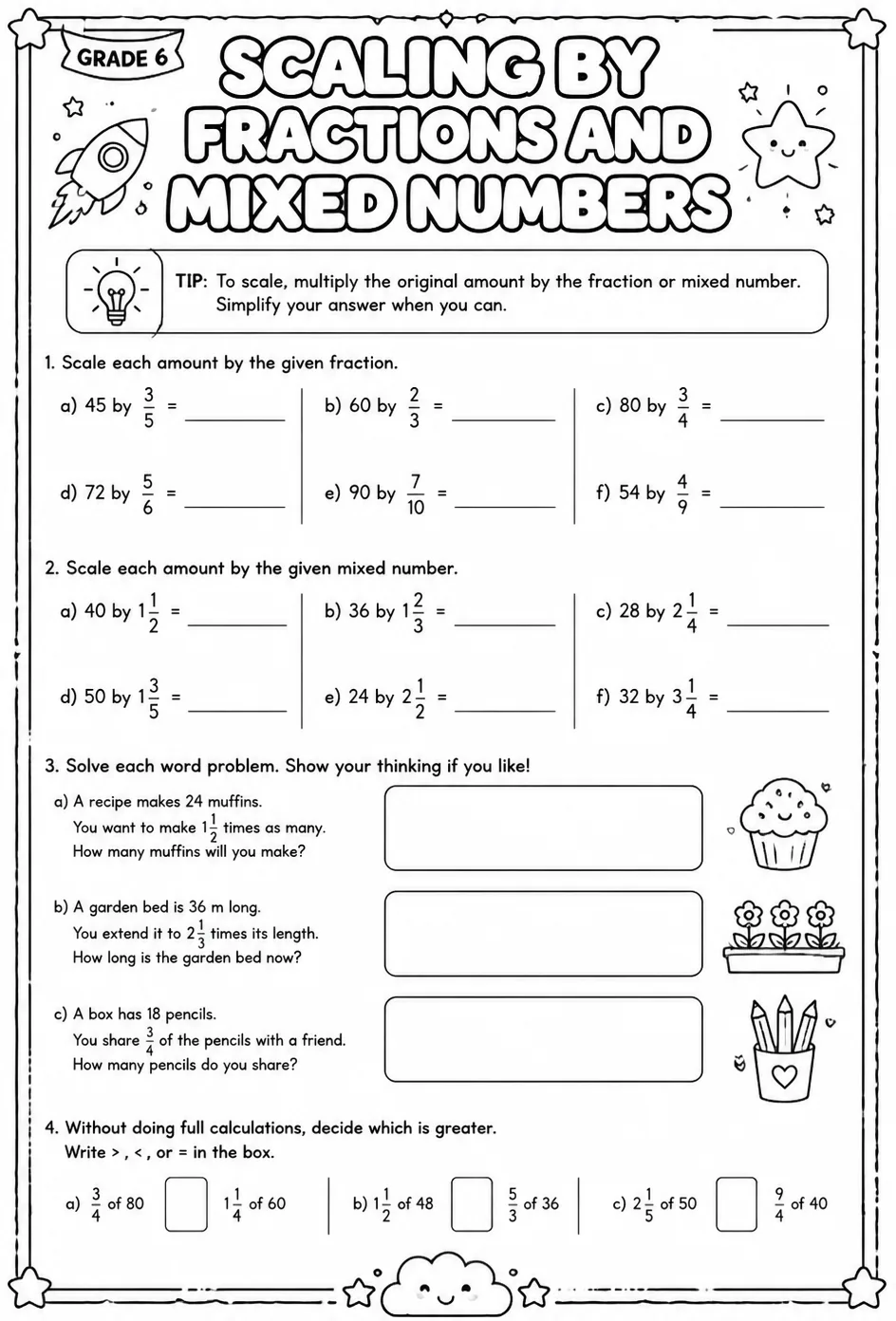 Scaling by fractions and mixed numbers — free printable Grade 6 math worksheet
