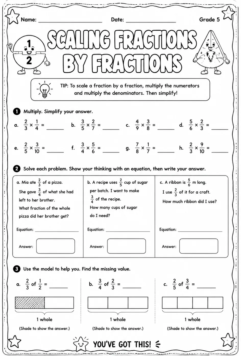Scaling fractions by fractions — free printable Grade 5 math worksheet