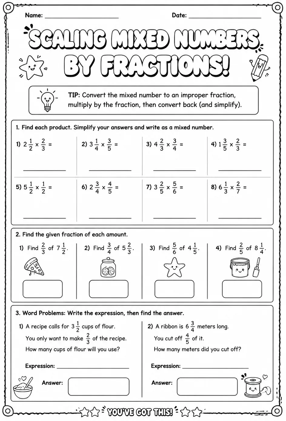 Scaling mixed numbers by fractions — free printable Grade 5 math worksheet