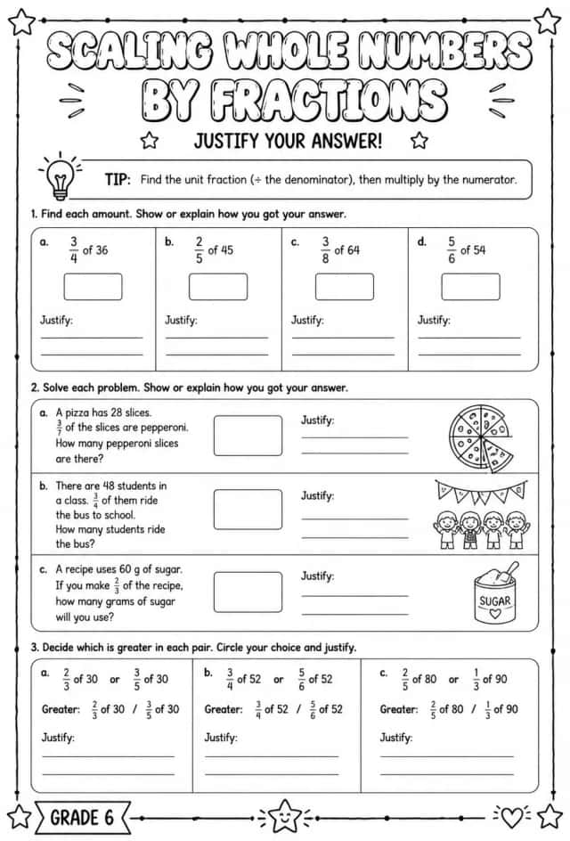 Scaling whole numbers by fractions: justify your answer