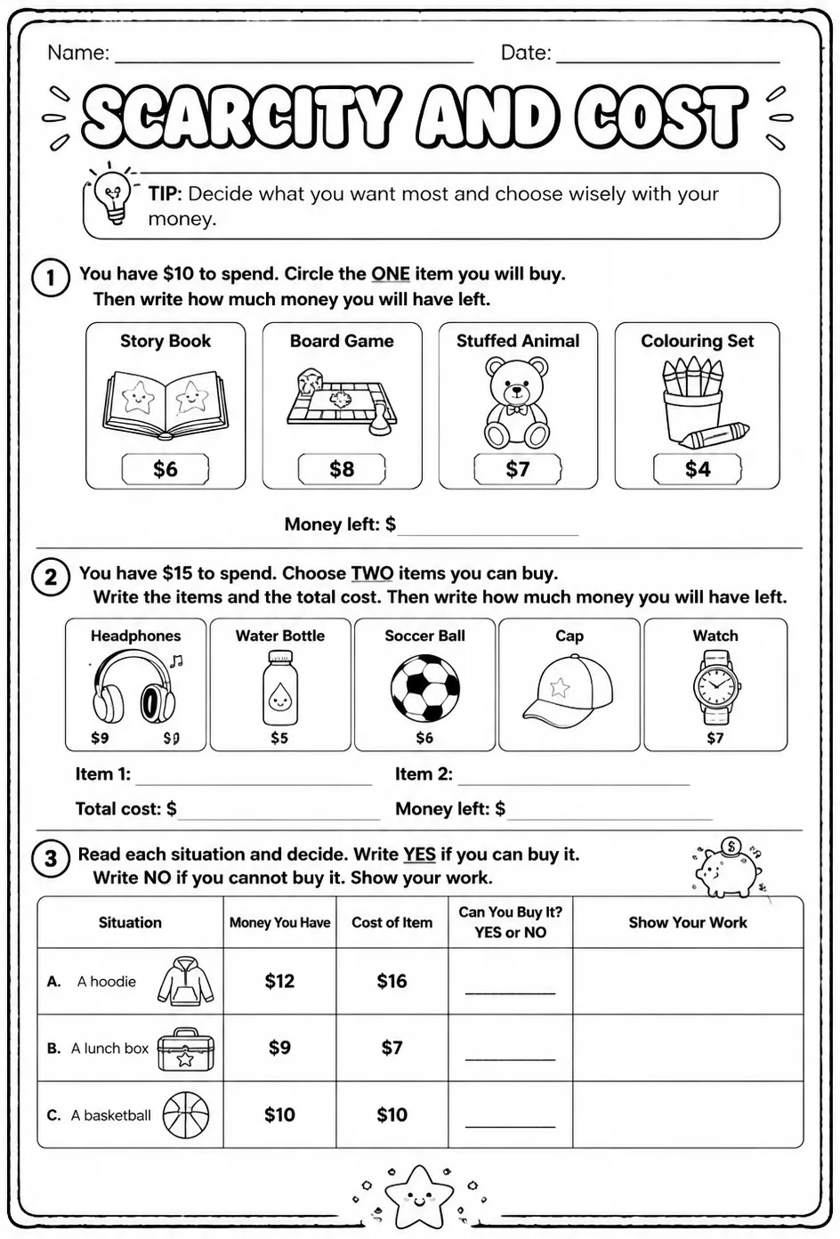 Scarcity and cost — free printable Grade 3 math worksheet