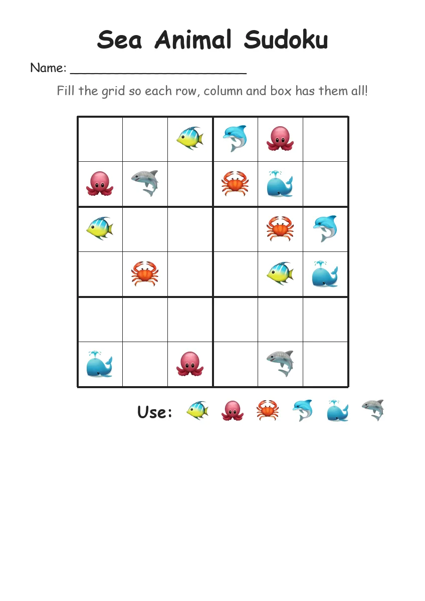 Sea Animal Sudoku 6x6 (Grade 2) worksheet for Grade 2