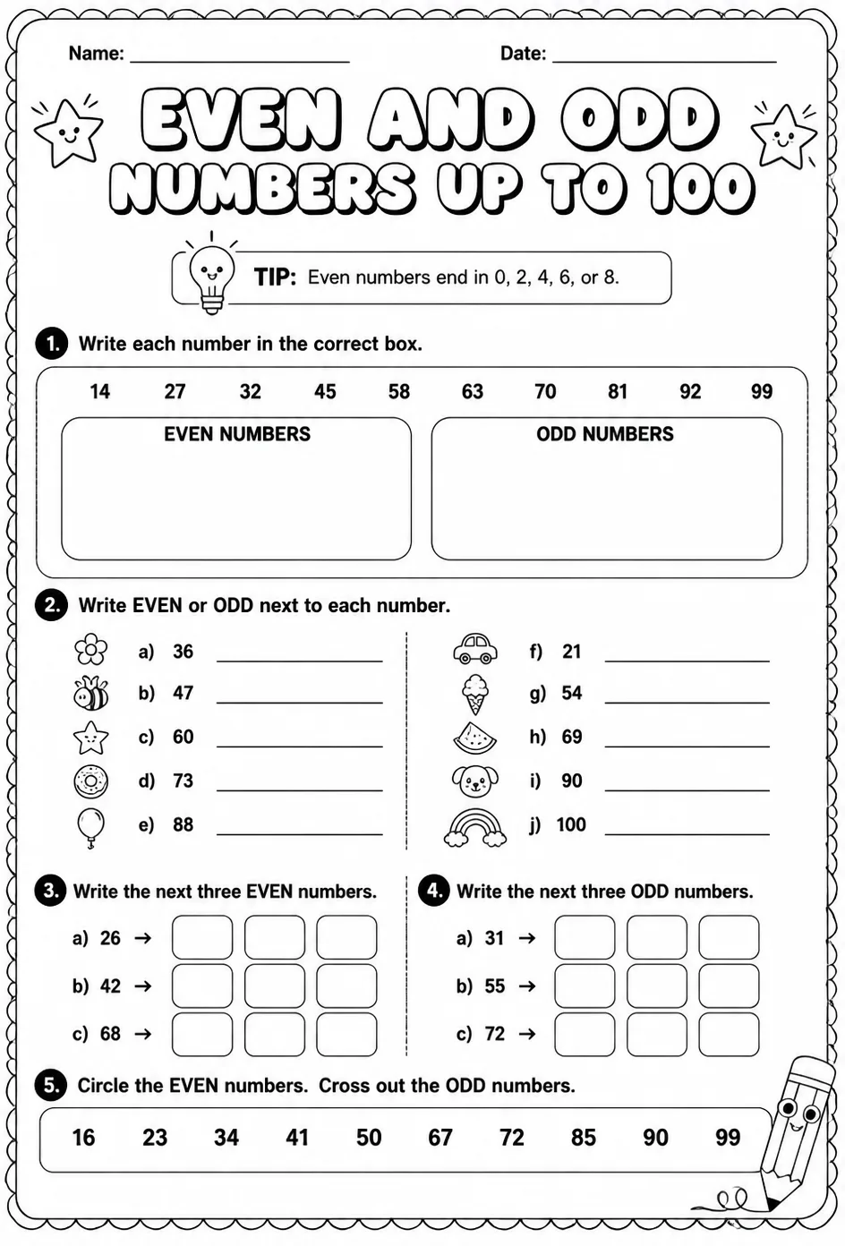 Select even and odd numbers - up to 100 — free printable Grade 2 math worksheet