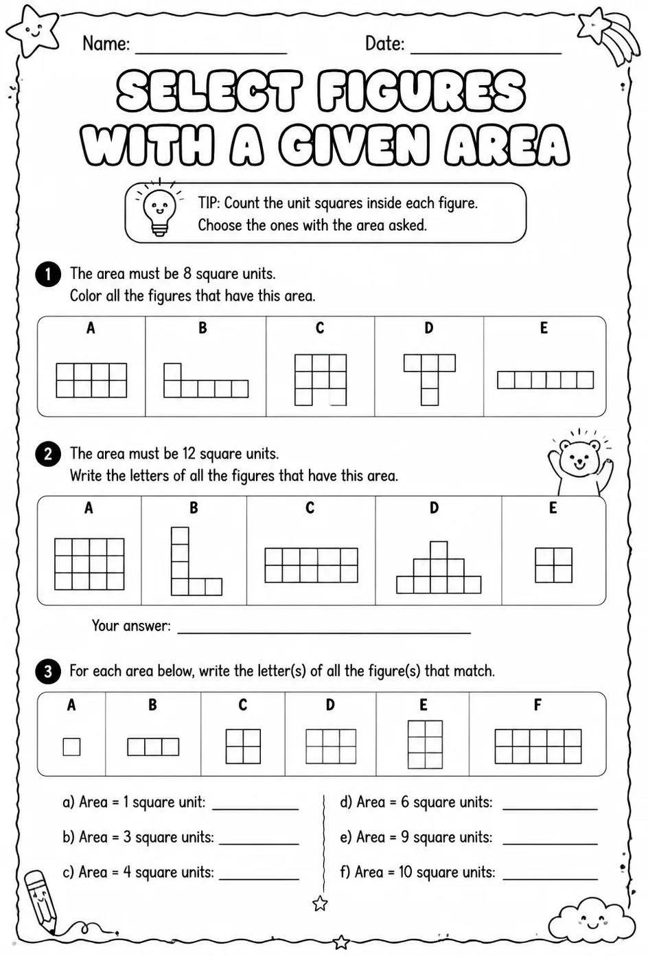 Select figures with a given area — free printable Grade 3 math worksheet