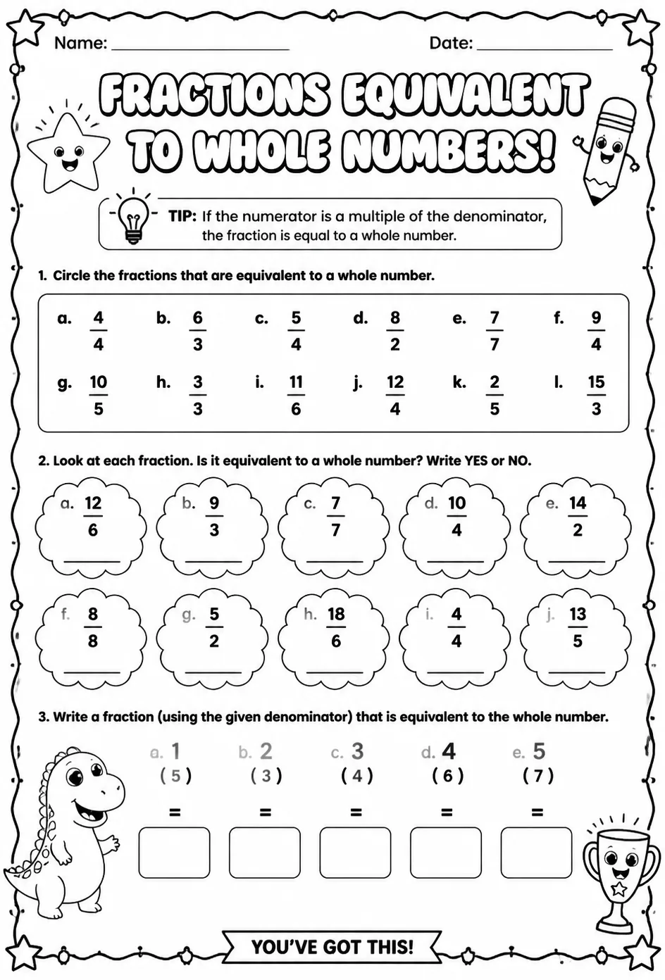 Select fractions equivalent to whole numbers — free printable Grade 3 math worksheet