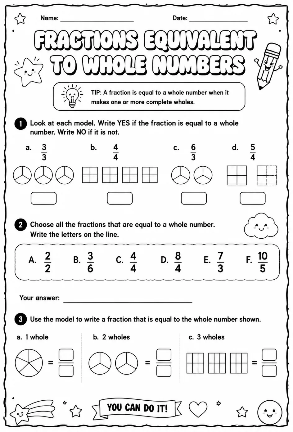 Select fractions equivalent to whole numbers using models — free printable Grade 3 math worksheet