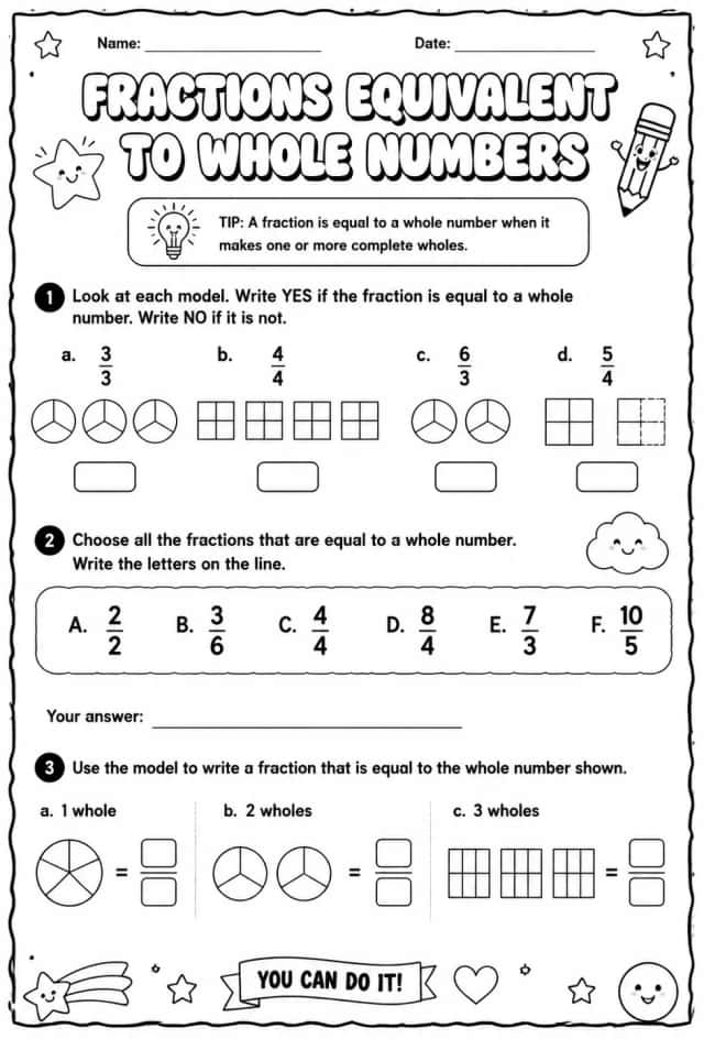 Select fractions equivalent to whole numbers using models