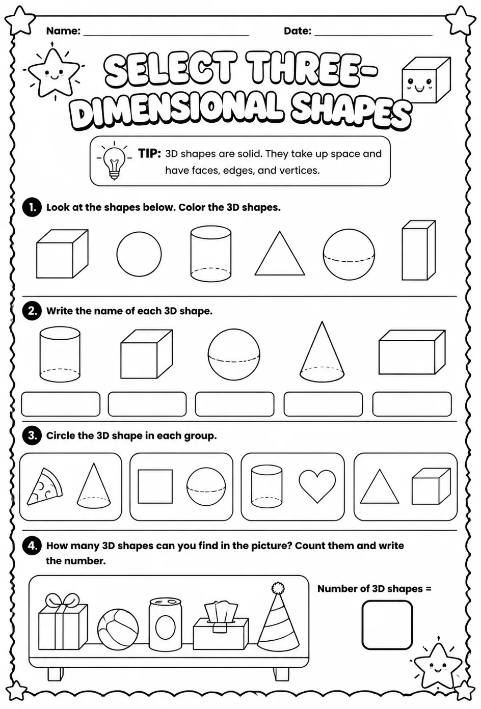 Select three-dimensional shapes — free printable Grade 1 math worksheet