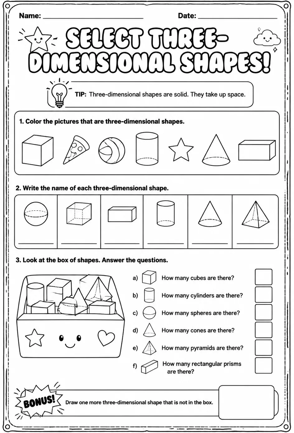 Select three-dimensional shapes — free printable Grade 2 math worksheet