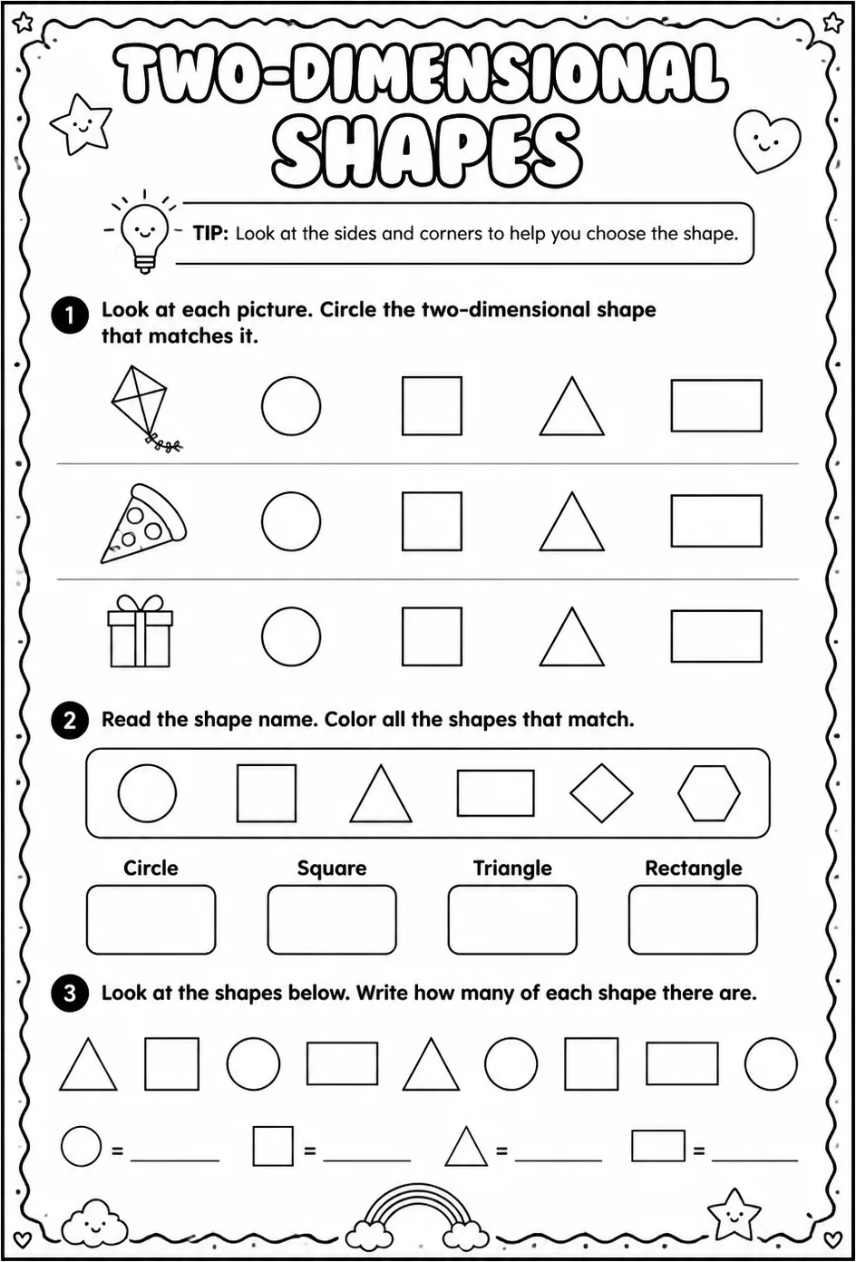 Select two-dimensional shapes — free printable Grade 1 math worksheet