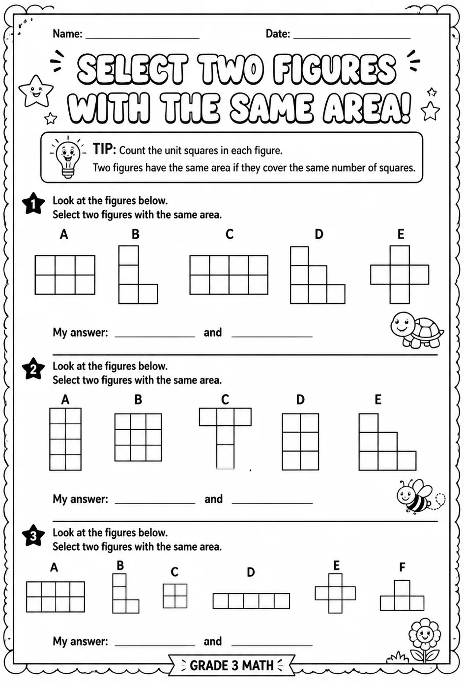 Select two figures with the same area — free printable Grade 3 math worksheet