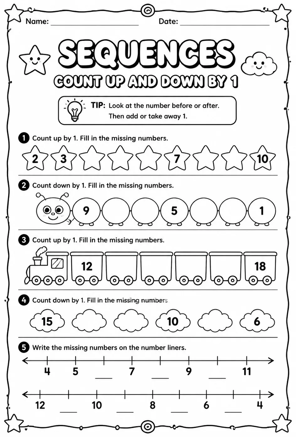 Sequences - count up and down by 1 — free printable Grade 1 math worksheet