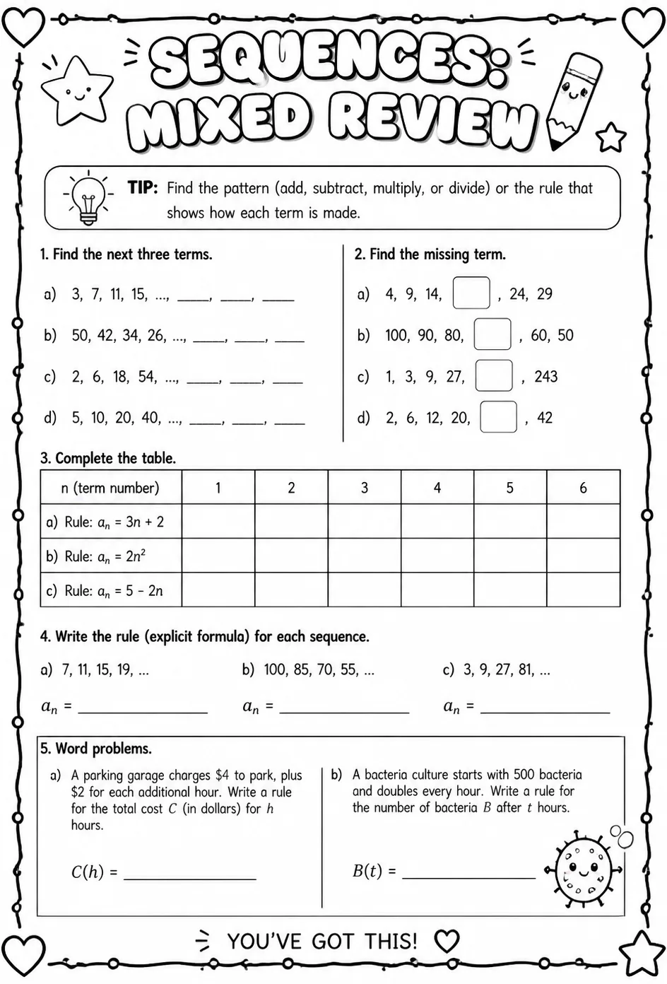 Sequences: mixed review — free printable Algebra 1 math worksheet