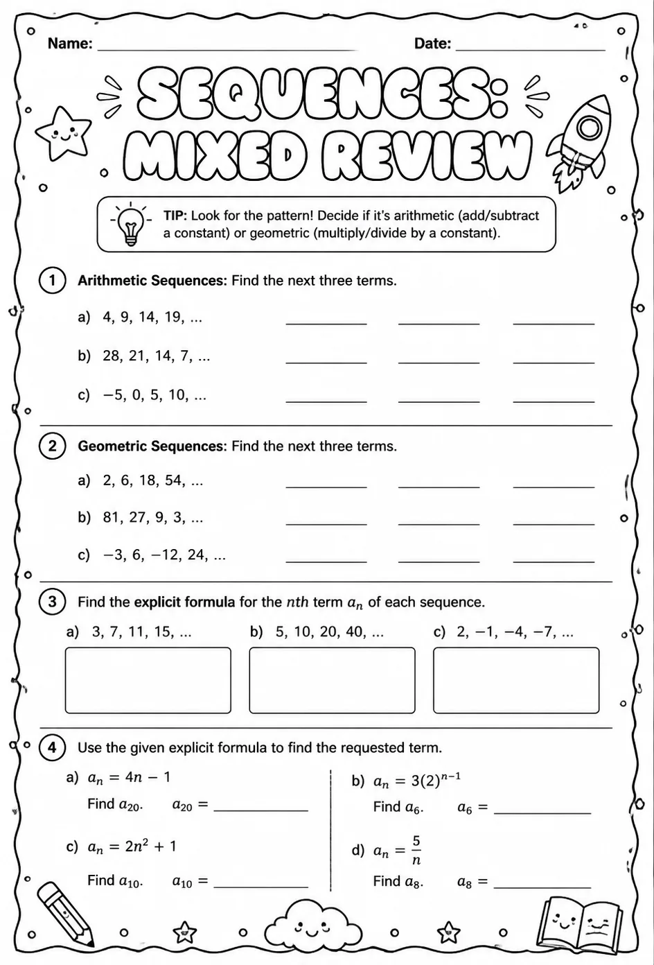 Sequences: mixed review — free printable Algebra 2 math worksheet