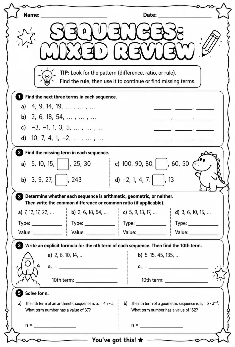 Sequences: mixed review — free printable Grade 7 math worksheet