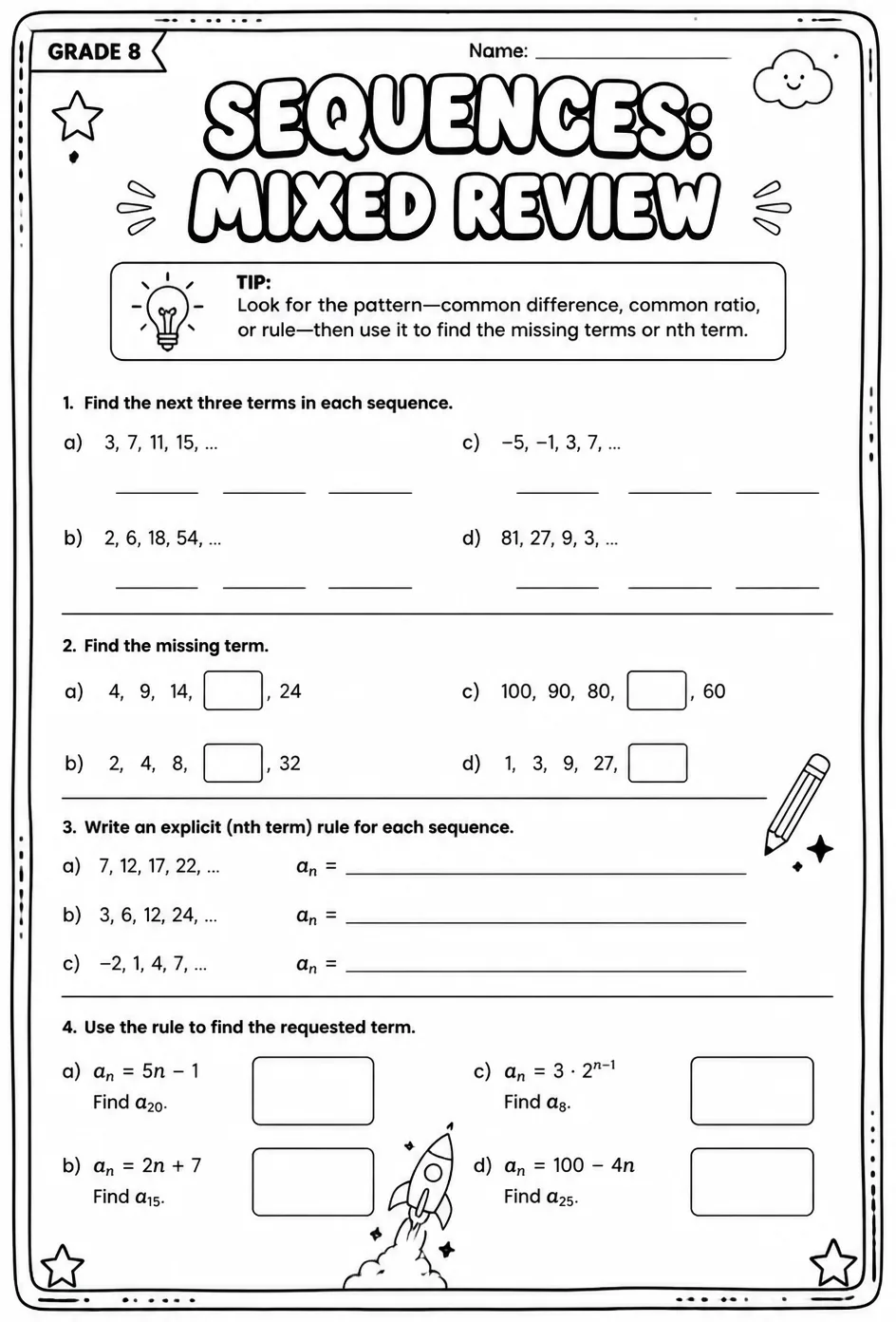Sequences: mixed review — free printable Grade 8 math worksheet