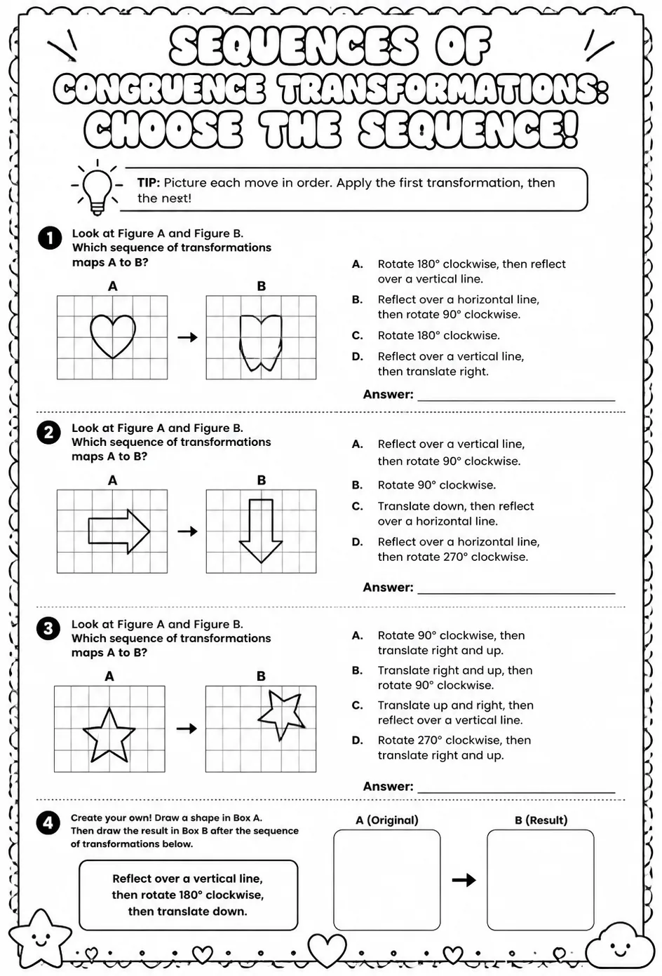 Sequences of congruence transformations: choose the sequence — free printable Geometry math worksheet