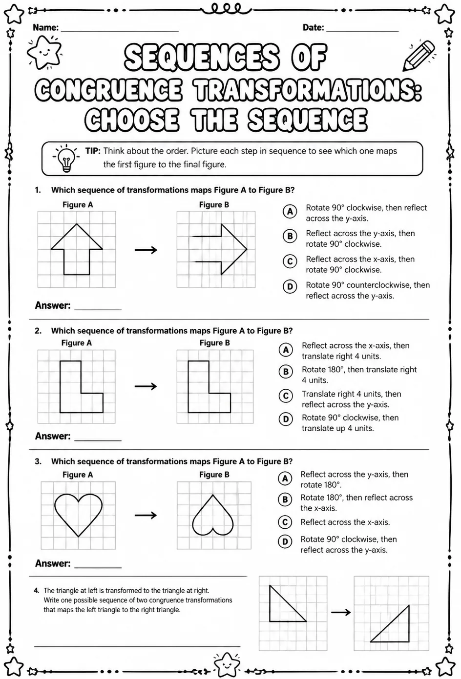 Sequences of congruence transformations: choose the sequence — free printable Grade 8 math worksheet