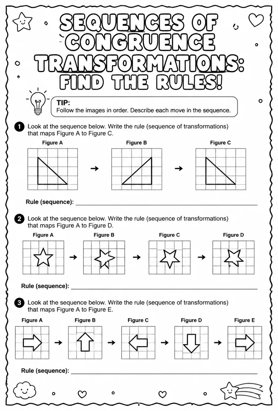 Sequences of congruence transformations: find the rules — free printable Geometry math worksheet